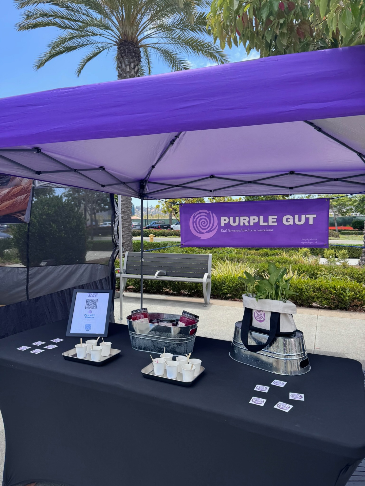 Purple Gut booth at a San Diego farmers market with tasting cups of biodiverse kraut