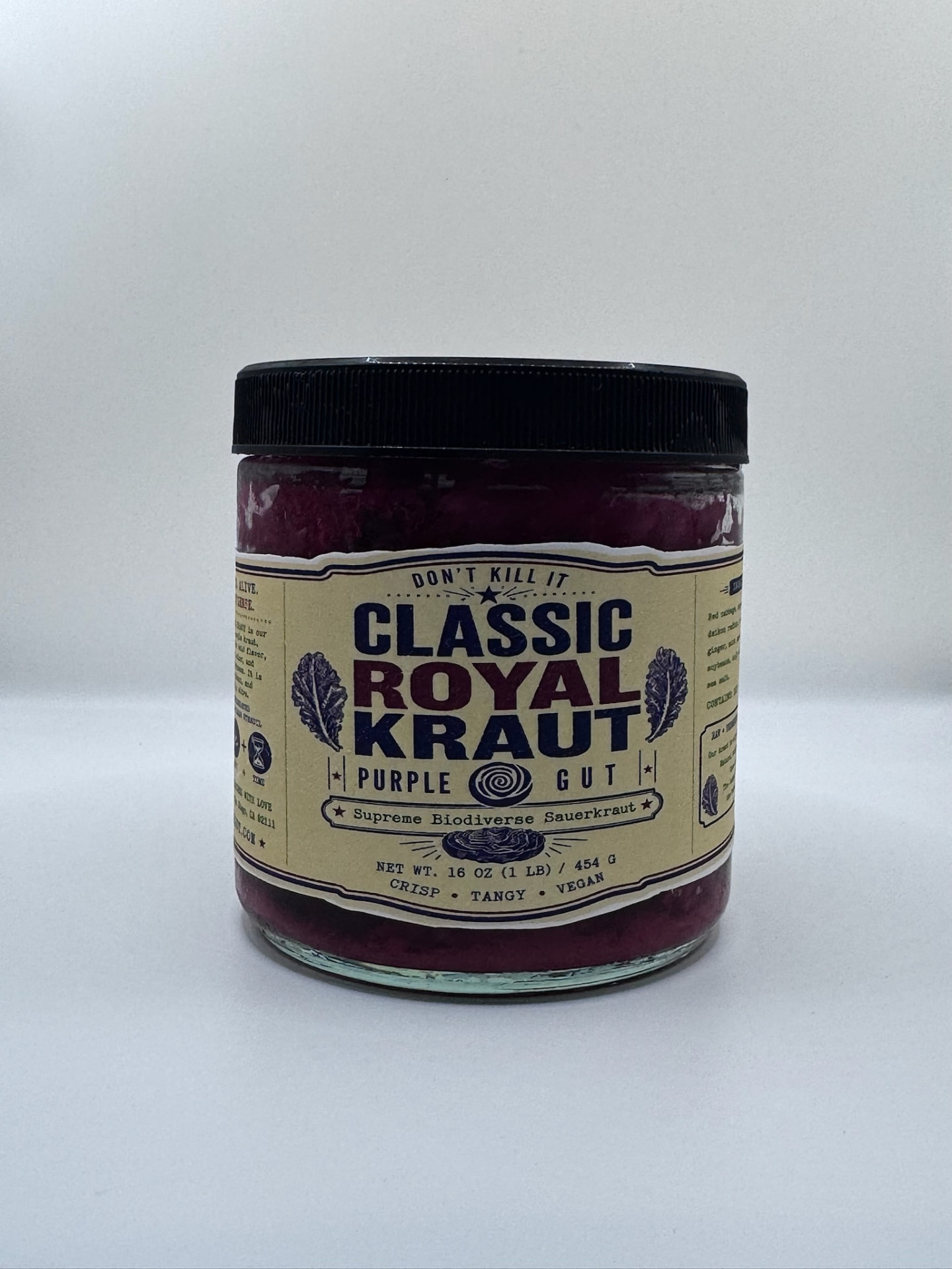 16oz jar of Purple Gut Classic Royal, biodiverse purple cabbage sauerkraut